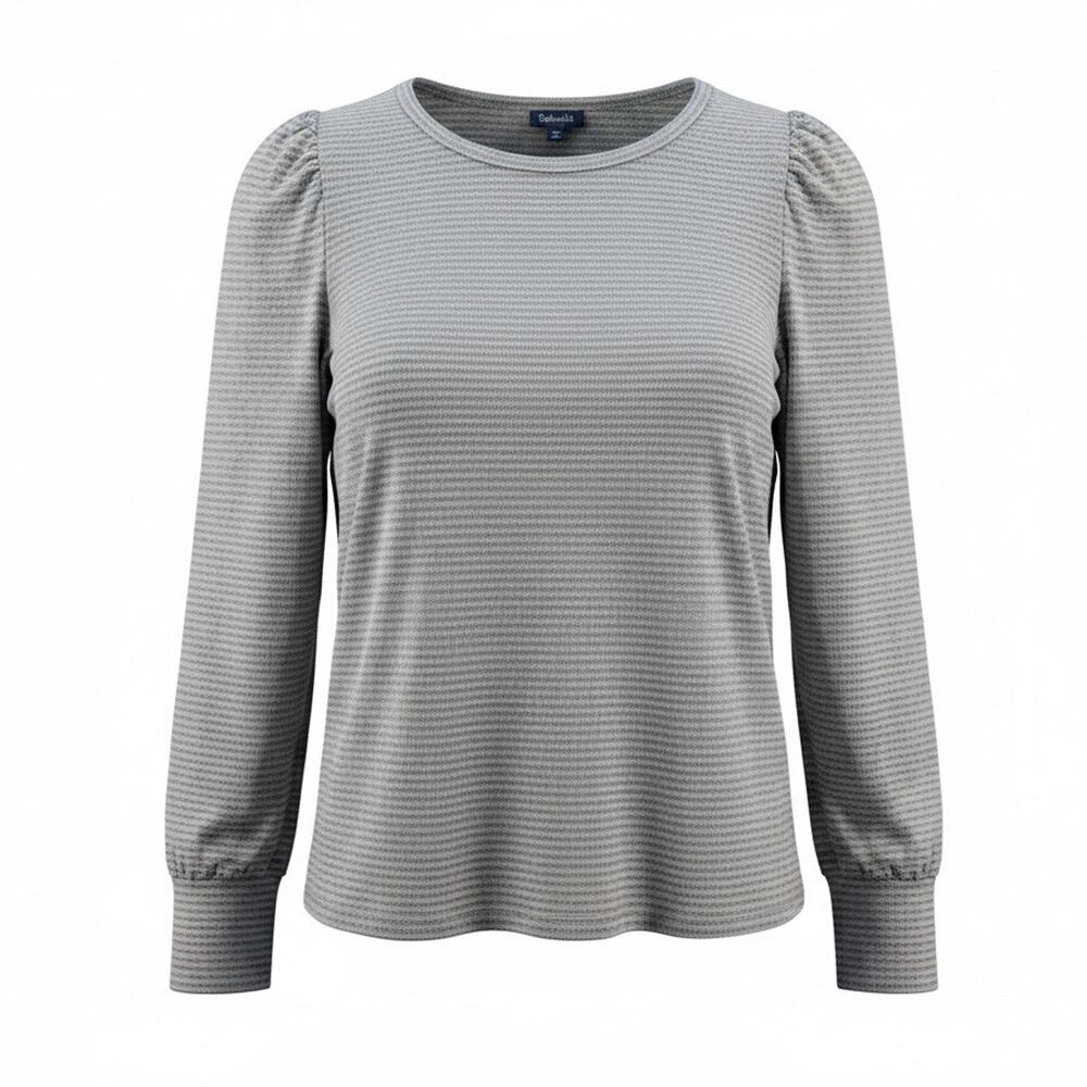 Splendid Striped Sparkle Grey and Black Puff Sleeve Top Large